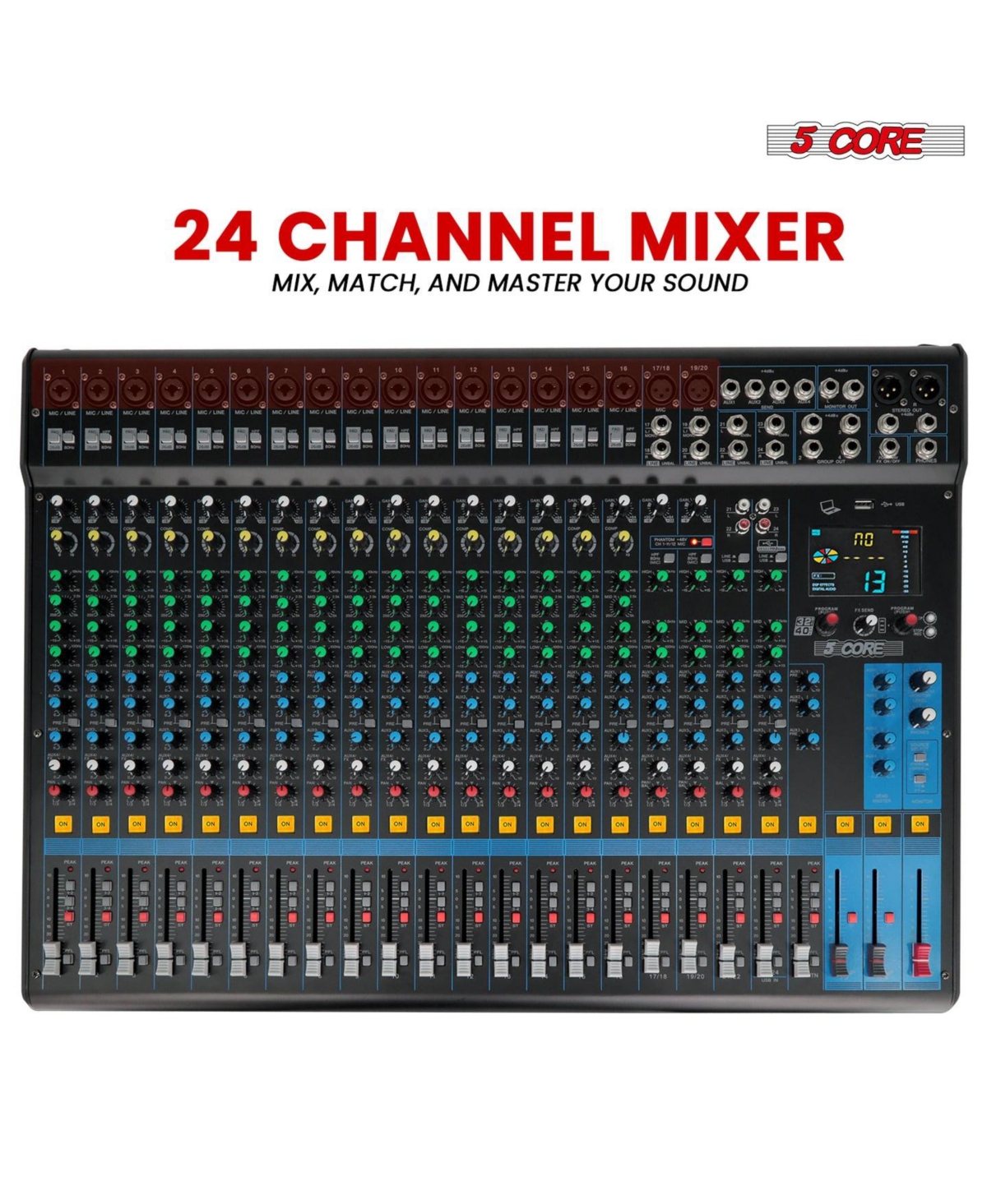 5 Core Dj Audio Mixer 24 Channel Stereo Sound Board w 256 effects Usb Bluetooth 48V Phantom Power