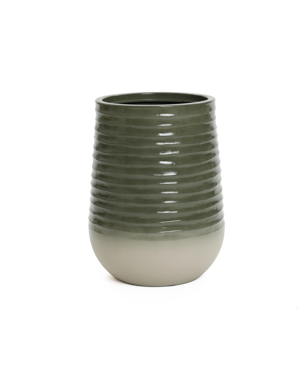 Emerald Ribbed Top with Ivory Bottom 20&#x22; Tall Resin Round Planter - Green and ivory