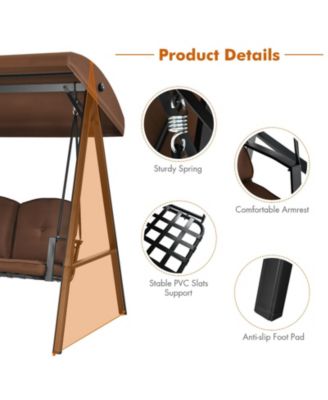 Outdoor 3-Seat Porch Swing with Adjust Canopy and Cushions