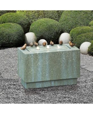 Patina Gray/Green Resin Rectangular Bubbler Outdoor Fountain with LED Lights and Bronze Birds