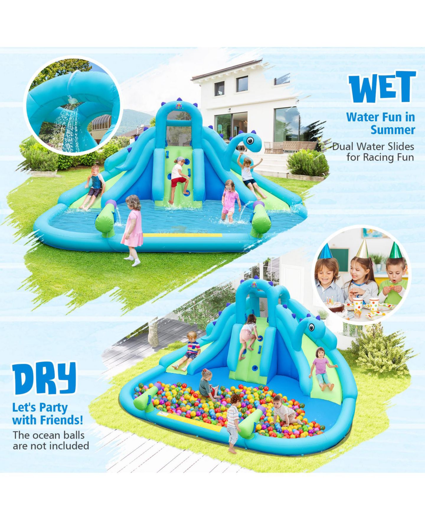 Детские игрушки Mecale Dinosaur-Themed Dual Slides Inflatable Water Slide, Ages 3-10, цвет: Синий — фото 8