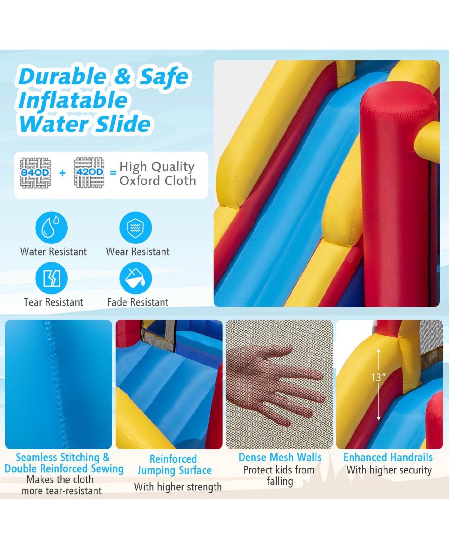 Детские игрушки Mecale 7 in 1 Outdoor Inflatable Bounce House with Water Slides and Splash Pools with 735W Blower, цвет: Синий — фото 8