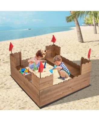 Kids Wooden Sandbox with Bottom Liner and Red Flags