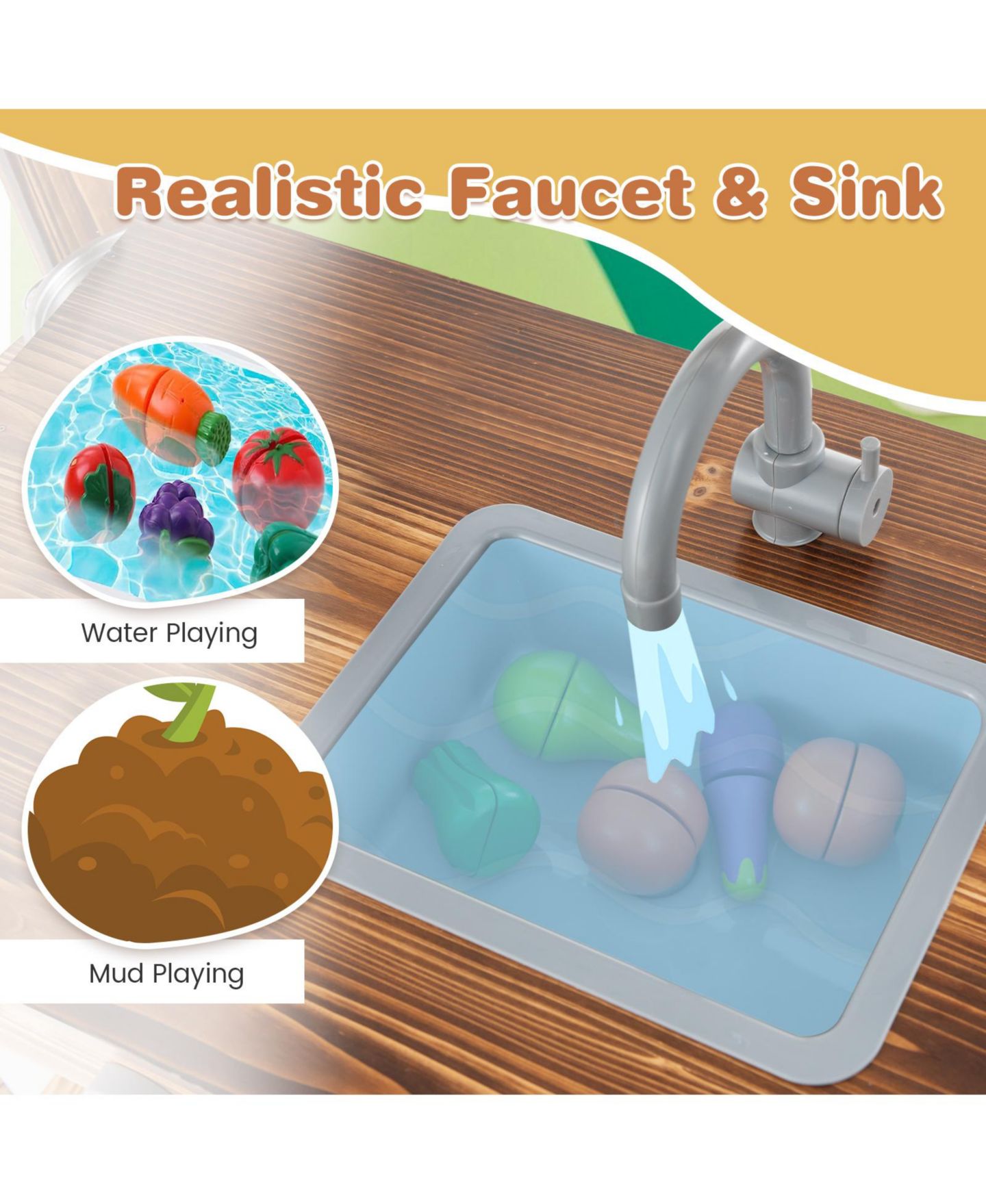 Детская игрушка Mecale Wooden Mud Kitchen with Rotatable Faucet, Ages 3+, цвет: Коричневый — фото 7
