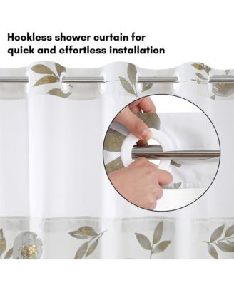 72x75 Hookless Shower Curtain - Floral Gold Grey Shower Curtain with Sheer Panel, Snap-In Liner, and Grommets - 100% Polyester