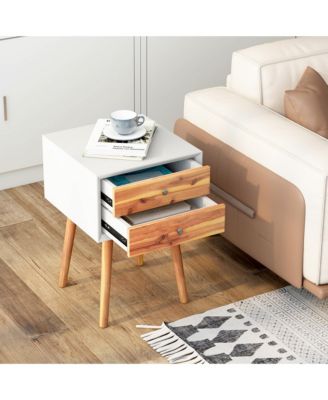 2PCS Wooden Nightstand Mid-Century End Side Table W/2 Storage Drawers