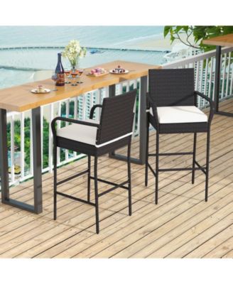 2 Pieces Outdoor PE Rattan Cushioned Barstool Set with Armrests