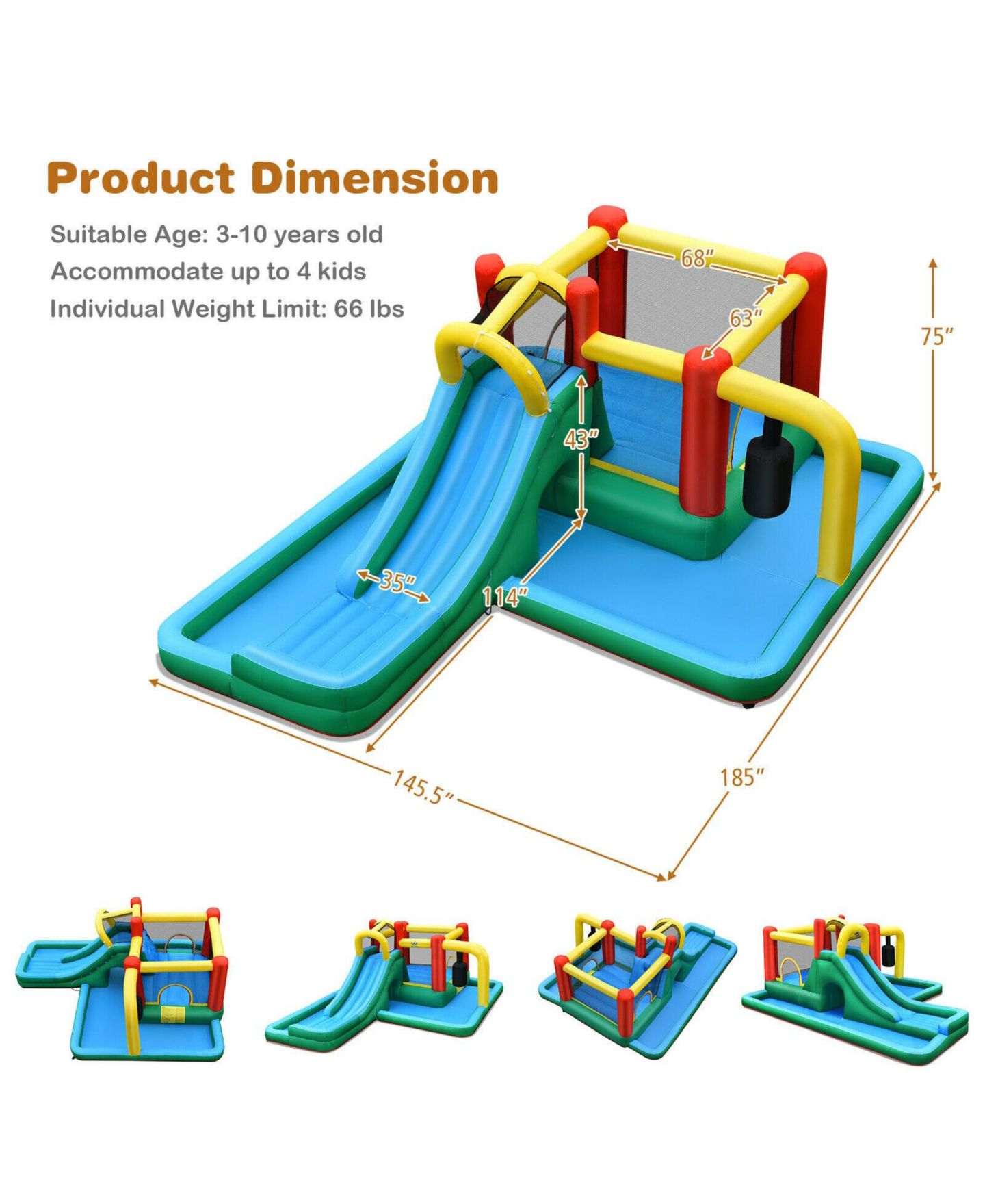 Детская игрушка Mecale Oxford Fabric Water Slide Climbing Inflatable Bounce House with Tunnel, Supports 4 Kids, Ages 3-10, цвет: Синий — фото 2