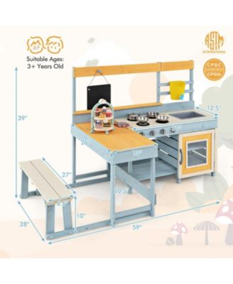 Fir Wood Play Kitchen with Kids Picnic Table and Built-in Bench