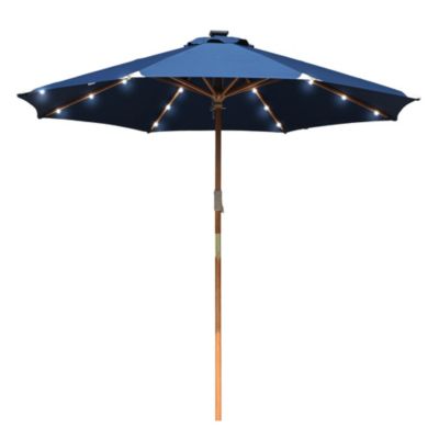 Boho 32 LED 9Ft Wood Market Patio Umbrella with Solar Lights for Bar Hotel Resort Alfresco Dining Rooftop Restauran Navy Blue