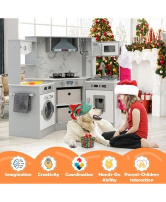 Wooden Kids Play Kitchen Playset with Realistic Lights and Sounds