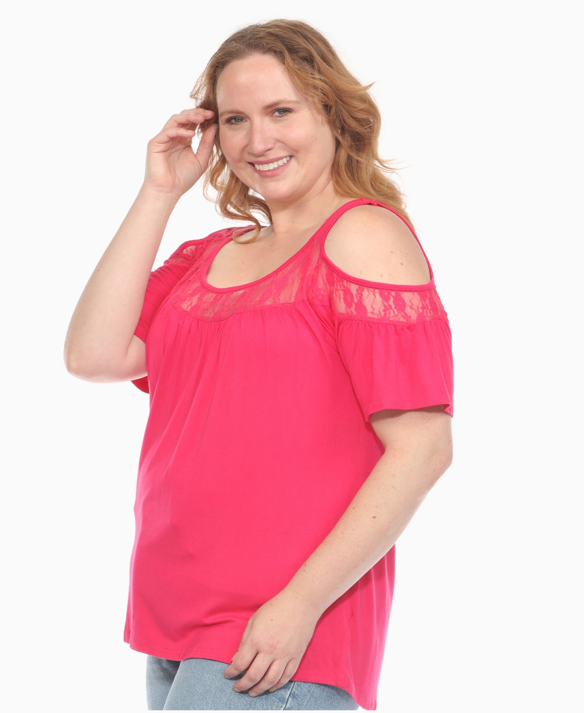 White Mark Plus Size Cold Shoulder Lace Trim Knit Top