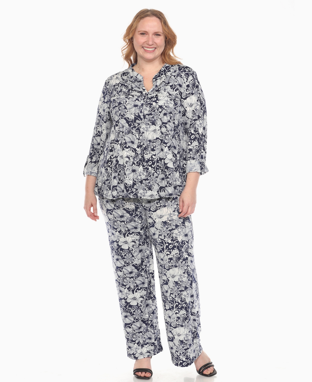 WHITE MARK PLUS SIZE 2-PIECE FLORAL PRINT TUNIC TOP AND PANTS SET 