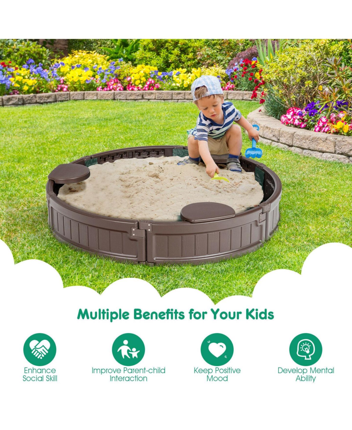 Детская игрушка Mecale 47" x 47" Sandbox with Built-in Corner Seats and Dust-Proof Cover, Ages 3+, цвет: Коричневый — фото 6