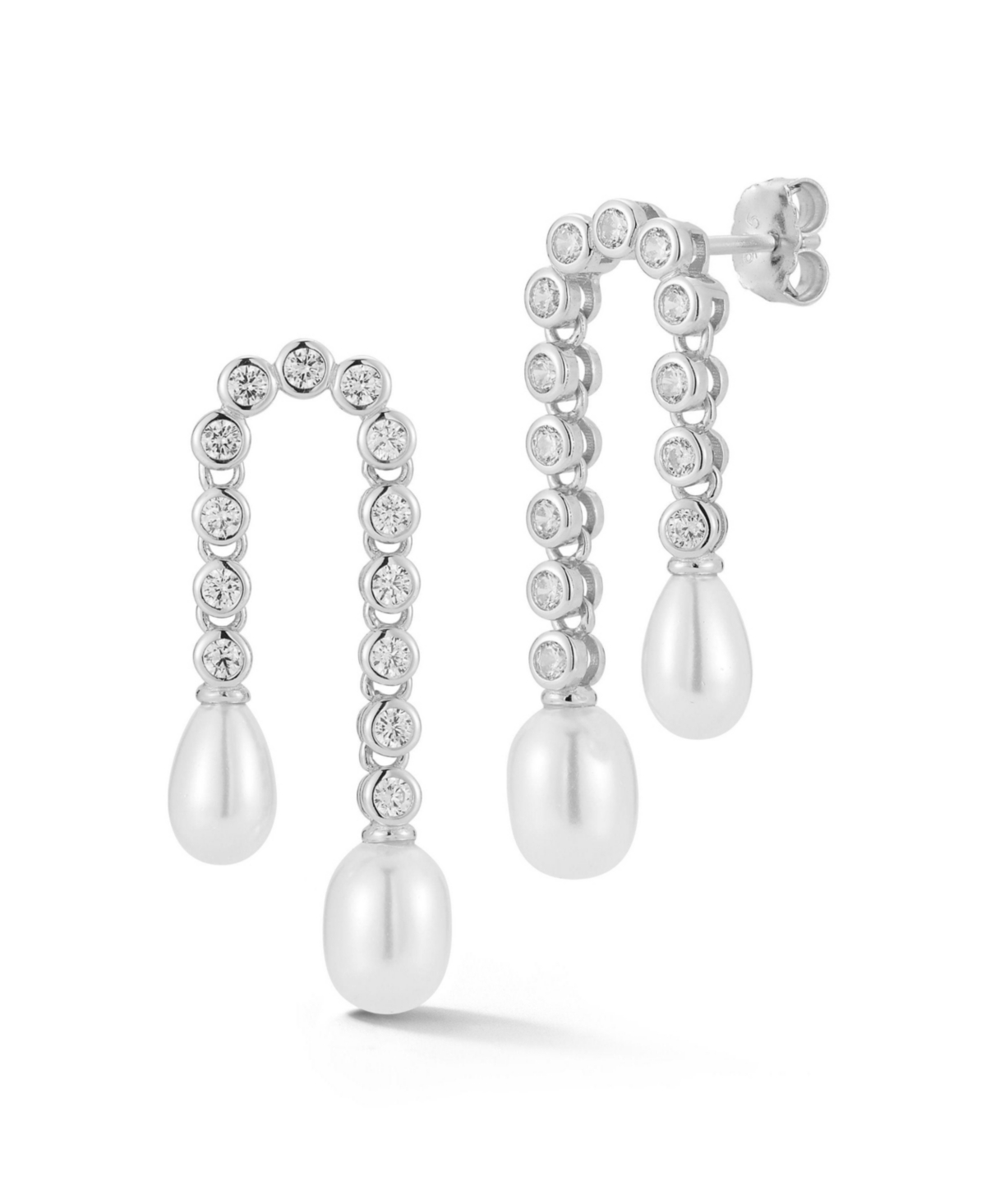 14K Gold Plated Sterling Silver Hanging Tennis Pearl Drop Earrings - Gold