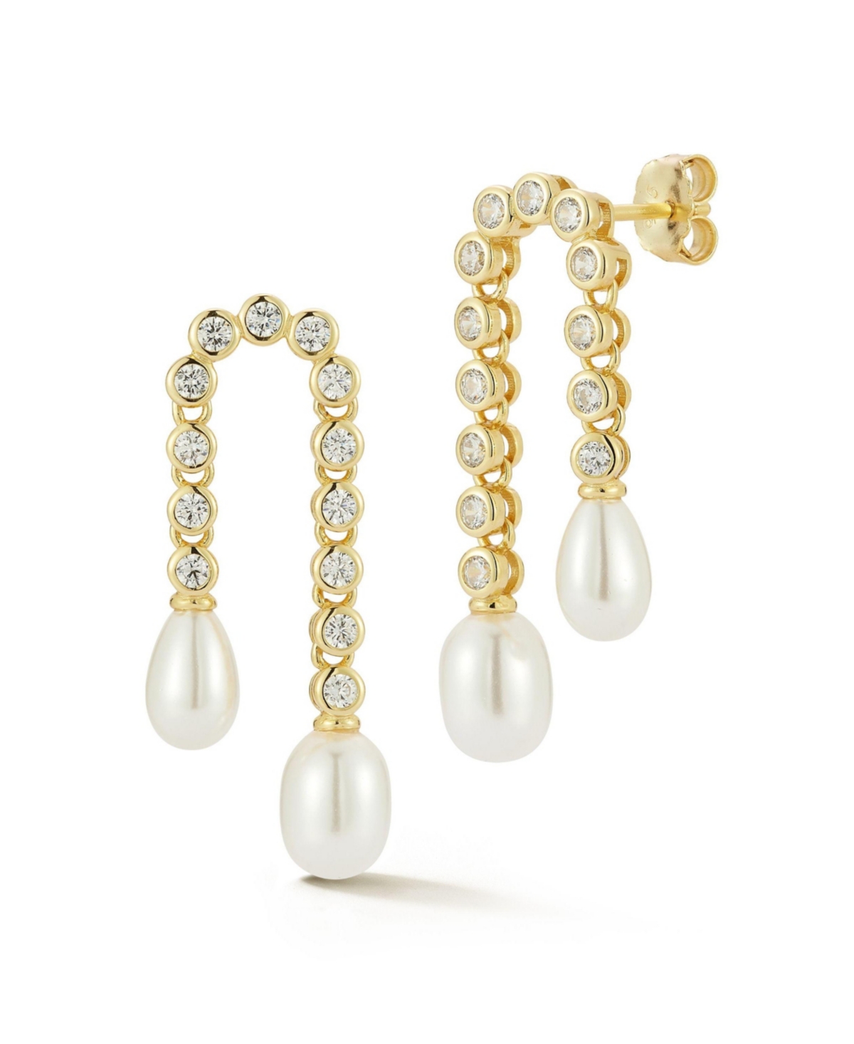 14K Gold Plated Sterling Silver Hanging Tennis Pearl Drop Earrings - Gold
