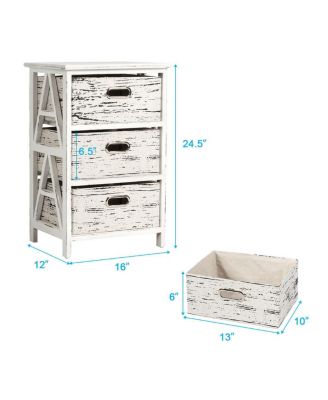 Chest w/3 Fabric Drawers Vintage Wood Frame End Table Side Sofa Table Nightstand