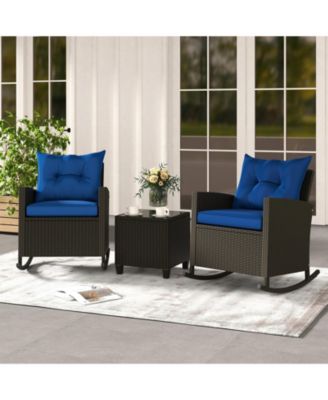 3-Piece Patio Rattan Roker Chairs with Tempered Glass Table and Soft Cushions