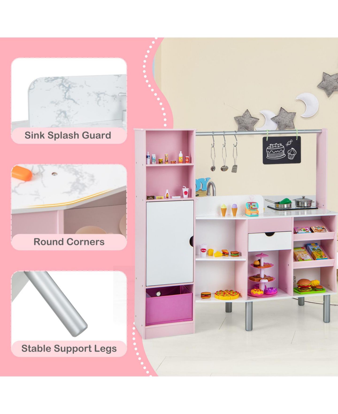 Детская игрушка Mecale 2-in-1 Double-Sided Kitchen and Market with Light and Sound, 82-Piece Playset, Ages 3+, цвет: Розовый — фото 4