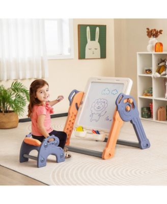 6-In-1 Folding Kids Art Easel with Reversible Building Block Tabletop