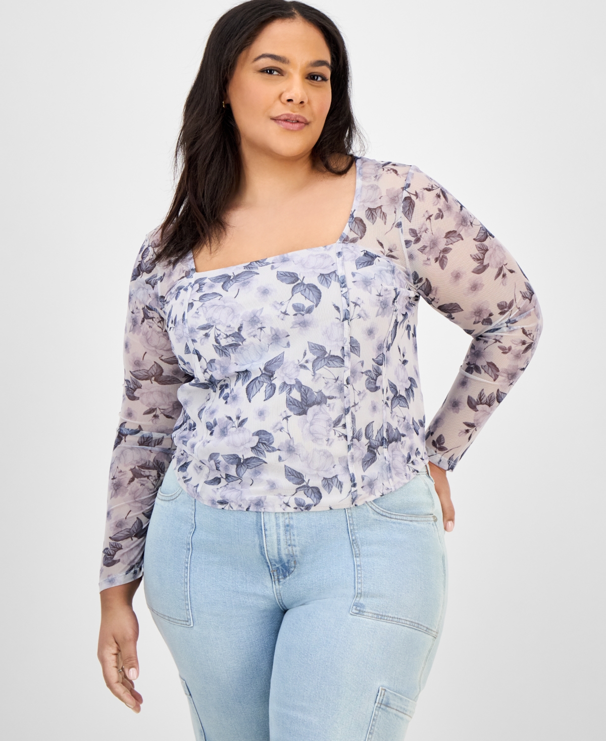 Trendy Plus Size Square-Neck Floral-Print Top - Grey