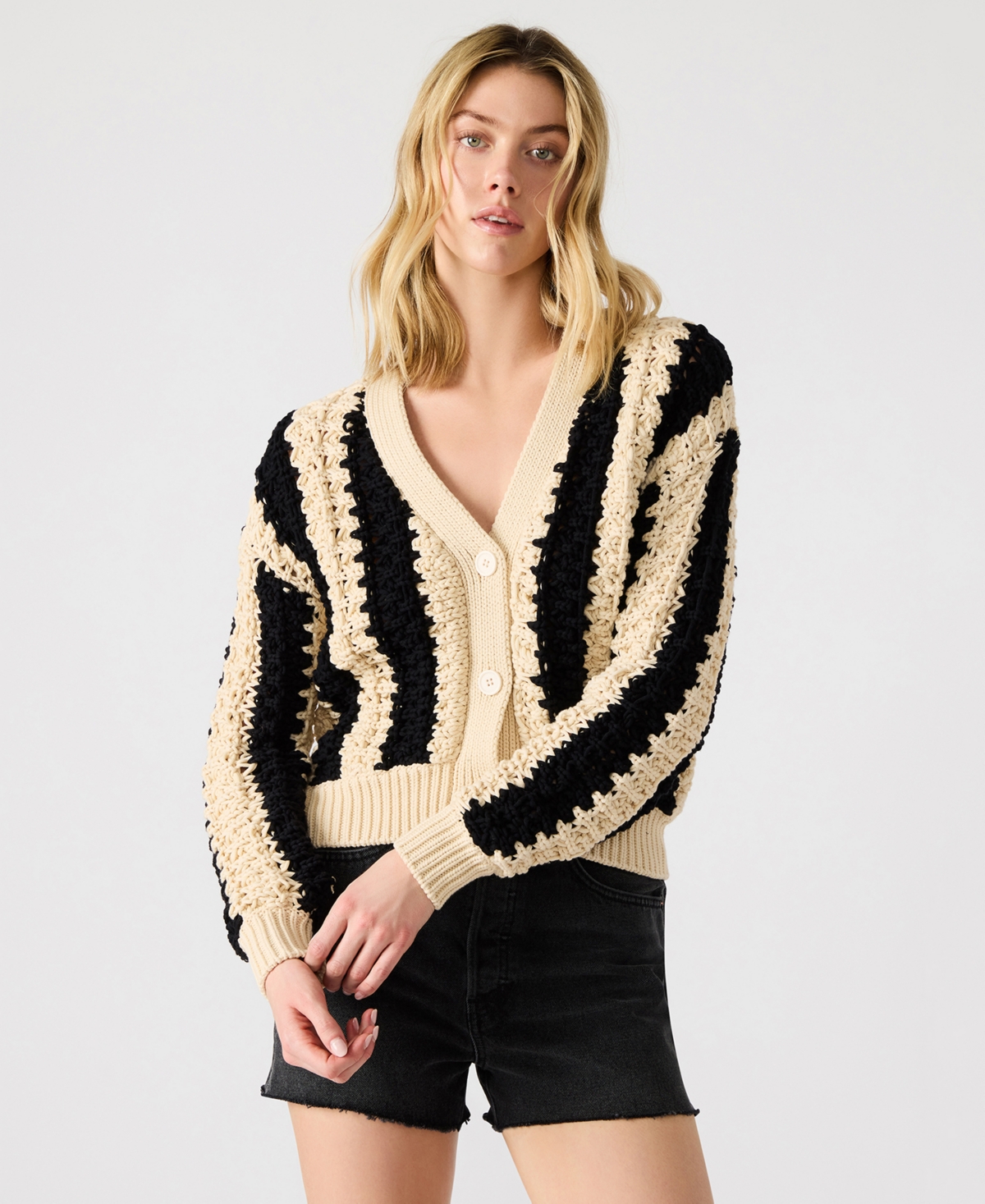 Steve Madden Women's Lucas Striped Knit Button-front Cardigan In Black