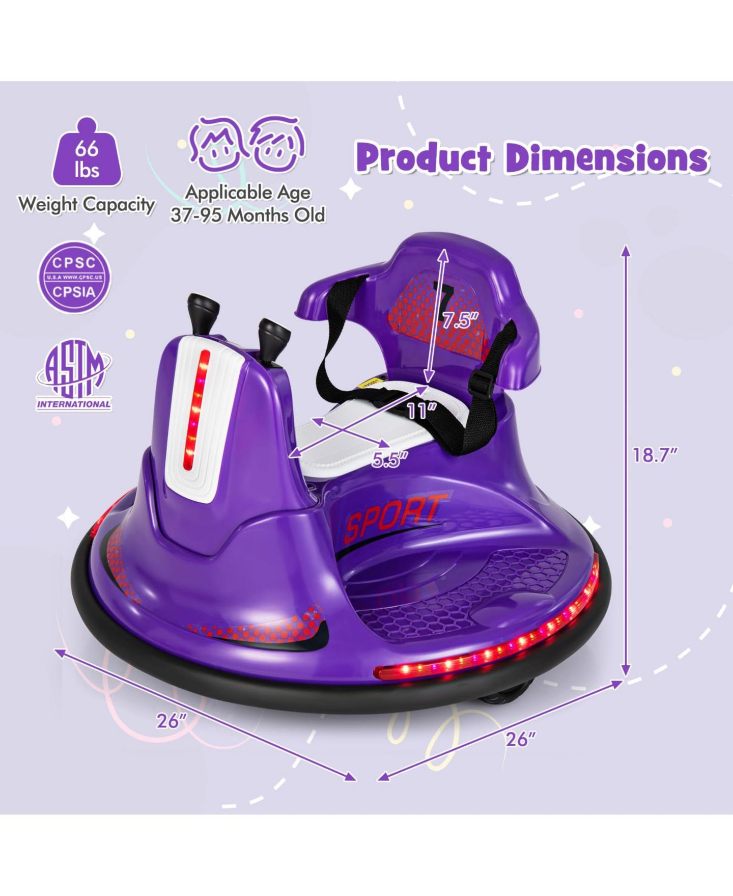 Детская игрушка Mecale 12V Remote Control Bumper Car, 66 lbs Capacity, Ages 3-7 Years, цвет: Фиолетовый — фото 3