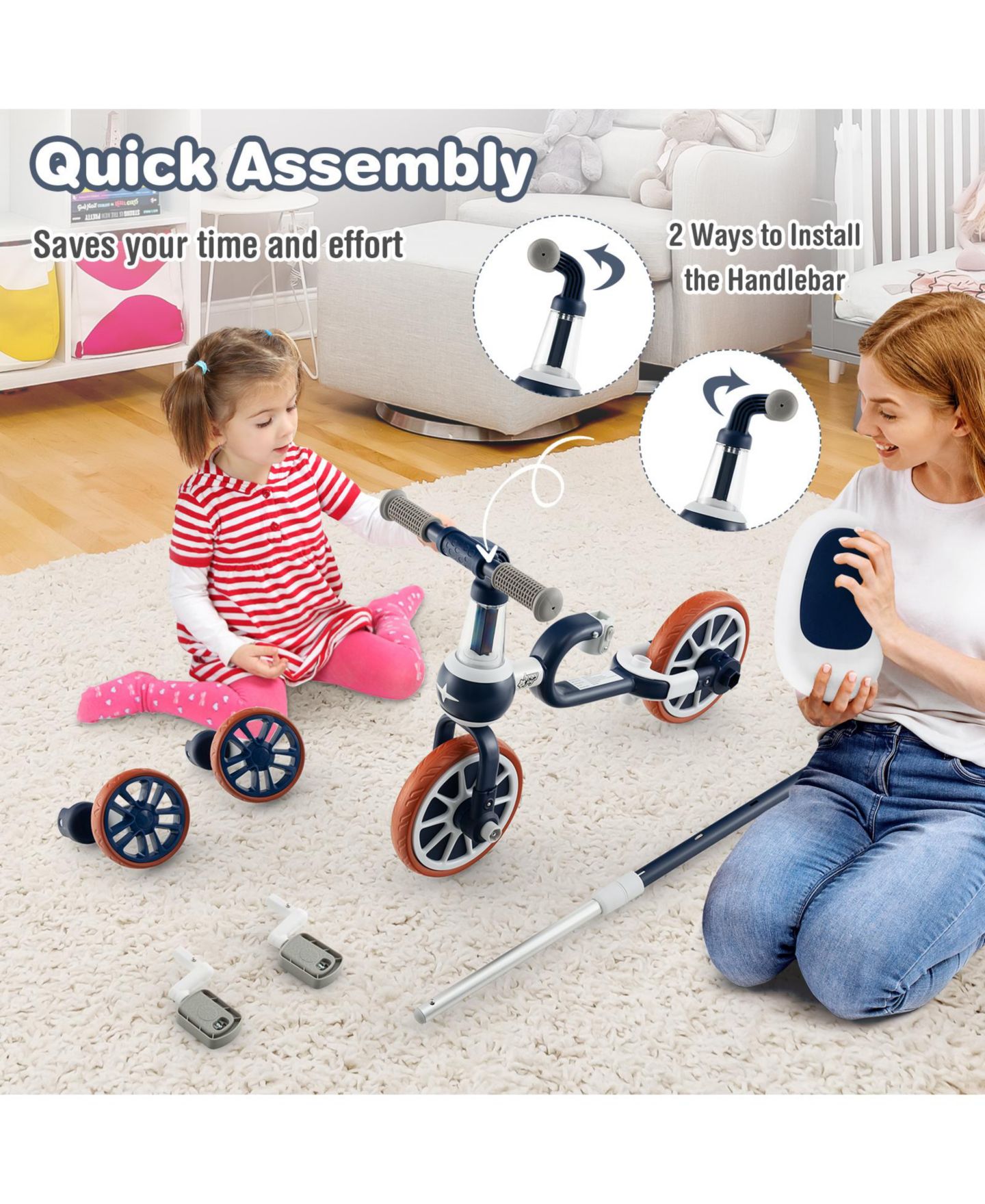 Детская игрушка Mecale 4-in-1 Kids Trike Bike, 28.5"L x 14.5"W, with Adjustable Parent Push Handle, Ages 2-4, цвет: Синий — фото 7