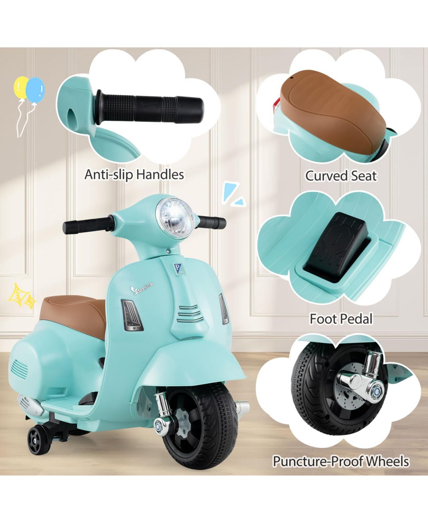 Детская игрушка Mecale Vespa Kids Ride-On Motorcycle with LED Headlight, Horn, and Training Wheels, Ages 18-36 Months, цвет: Синий — фото 7