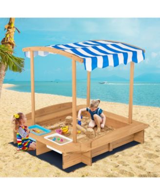 Kids Wooden Sandbox with Striped Canopy