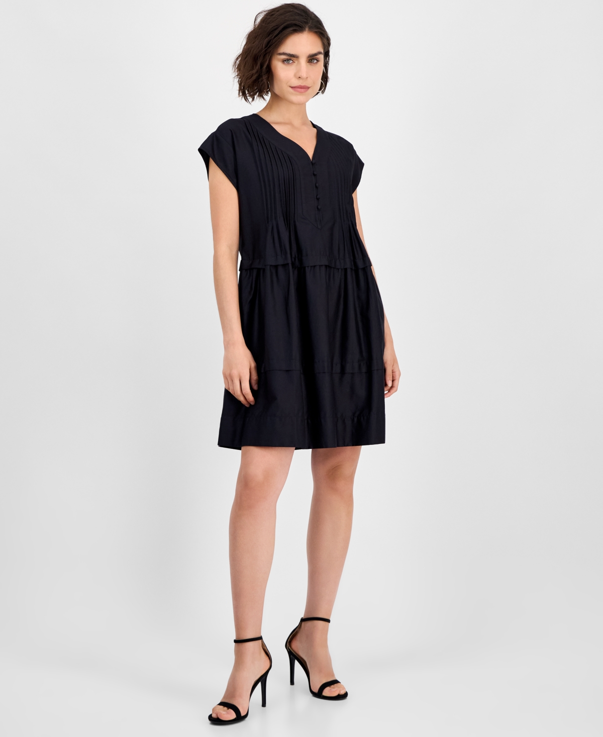 Women's Short-Sleeve Pintuck Cotton Babydoll Dress - Black