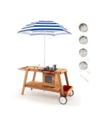Wooden Play Cart with Sun Proof Umbrella for Toddlers Over 3 Years Old