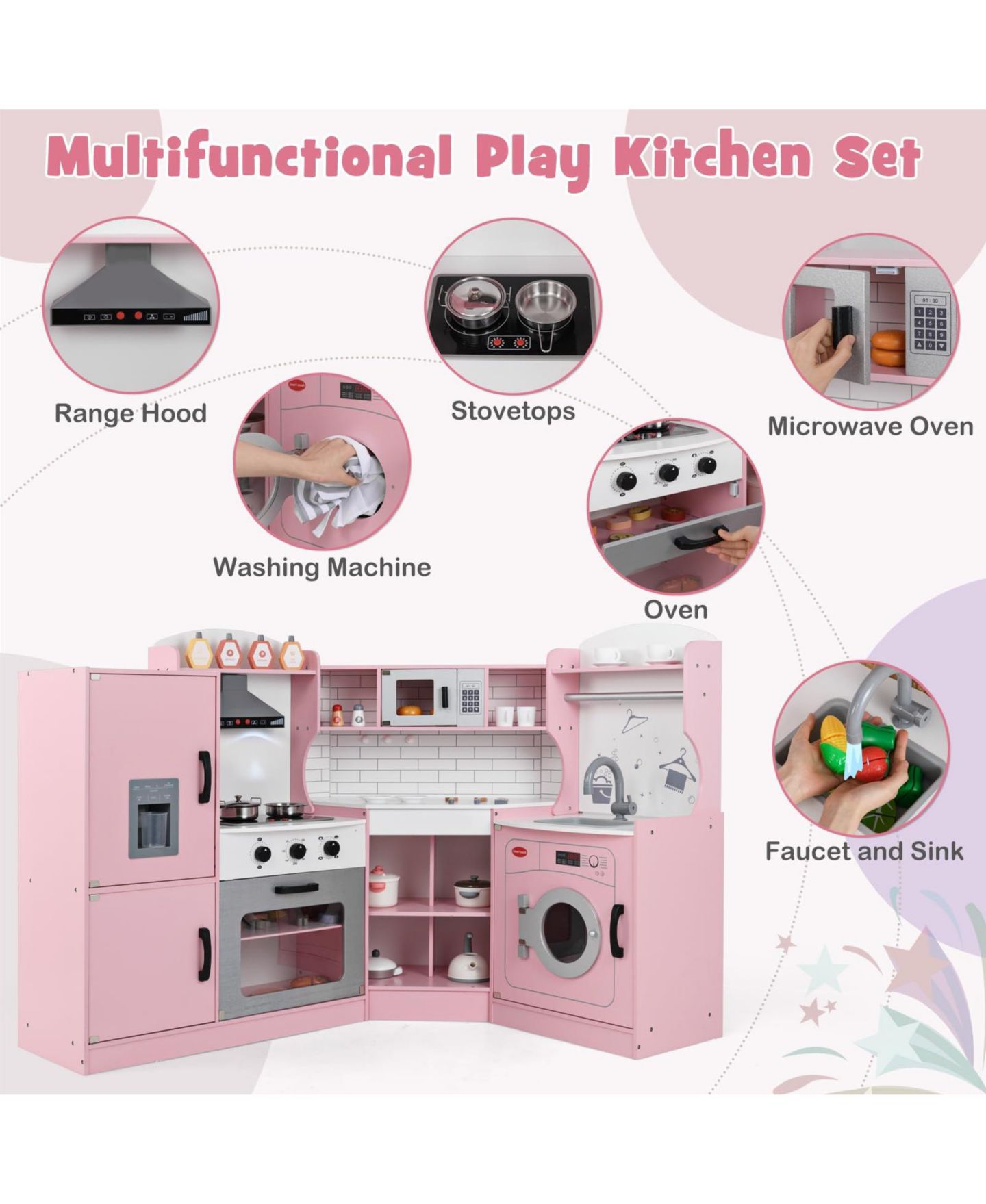 Детская игрушка Mecale Corner Wooden Play Kitchen, Ages 3+, цвет: Розовый — фото 5