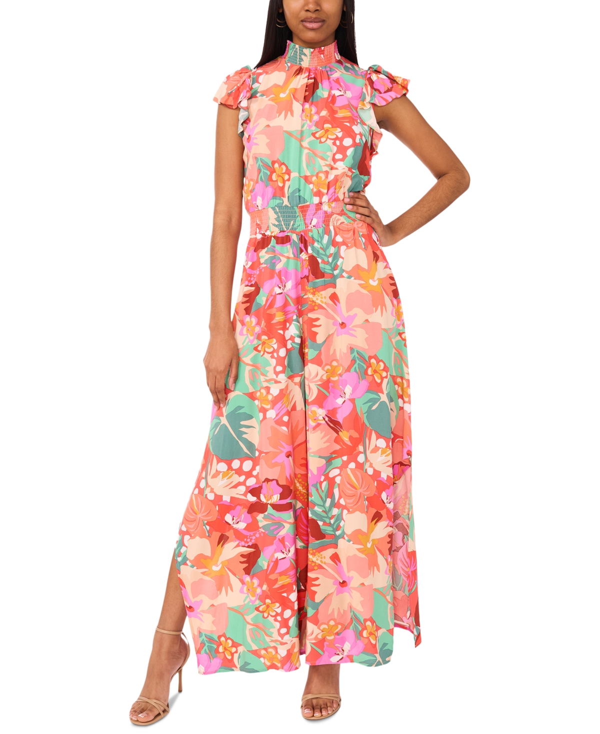 Women's Smocked Waist Printed Wide-Leg Jumpsuit - Orange/ Multi