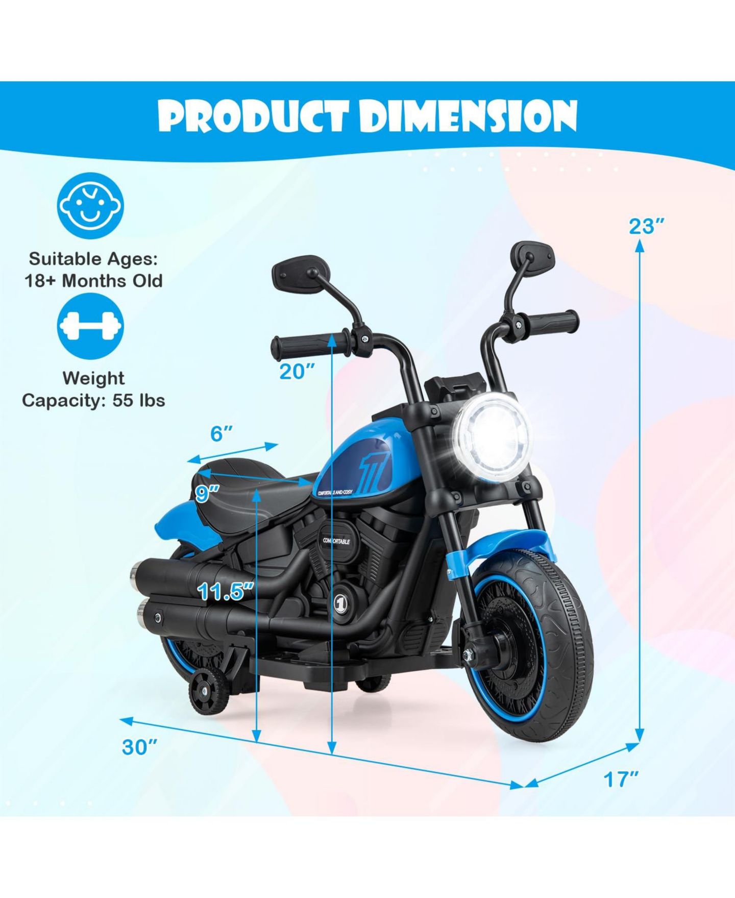 Детская игрушка Mecale Electric Motorcycle with Training Wheels, Ages 3-7, цвет: Синий — фото 7