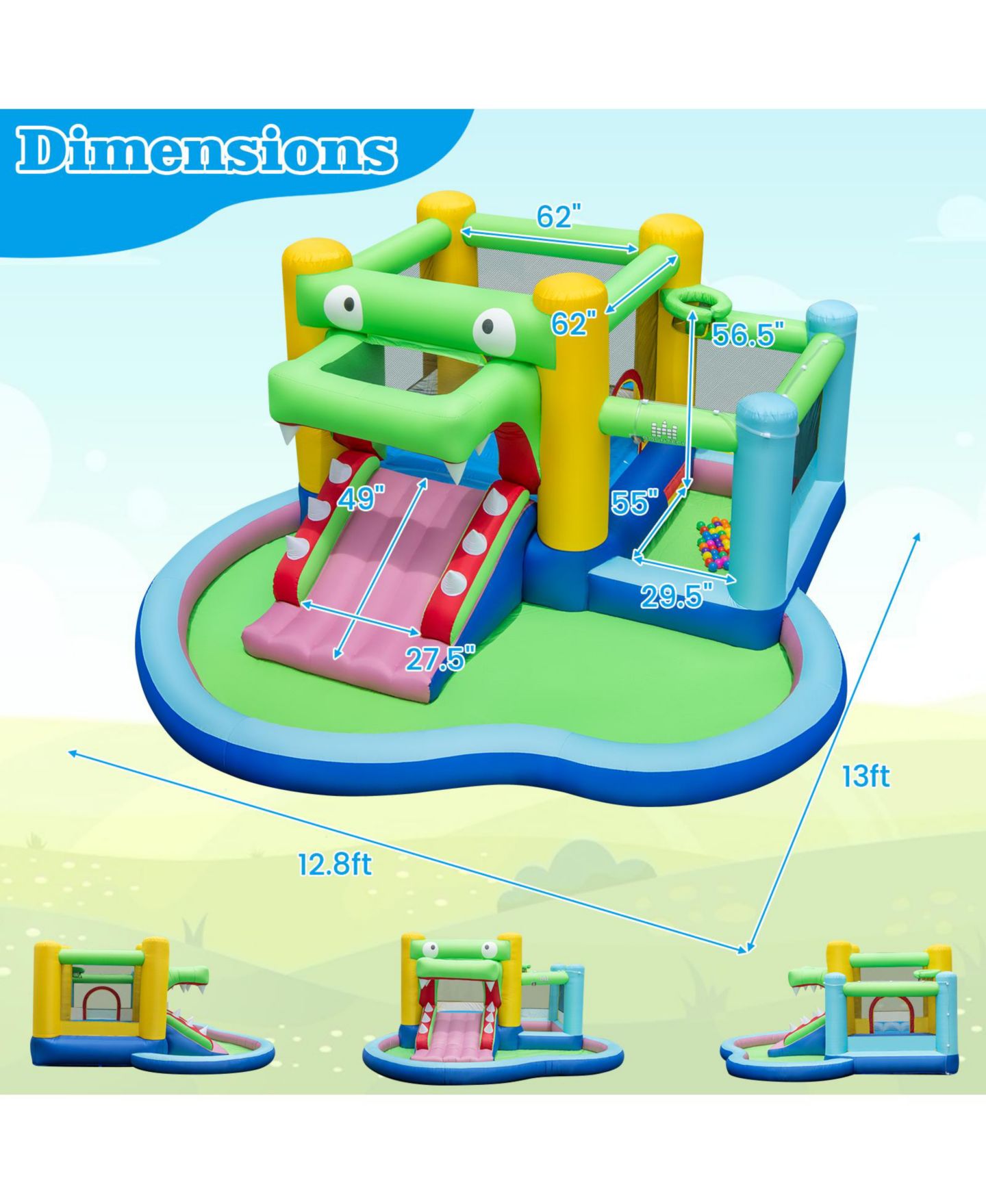Детская игрушка Mecale Crocodile 5-in-1 Inflatable Bounce House with Slide, Splash Pool & Basketball Hoop, Ages 3+, цвет: Синий — фото 3