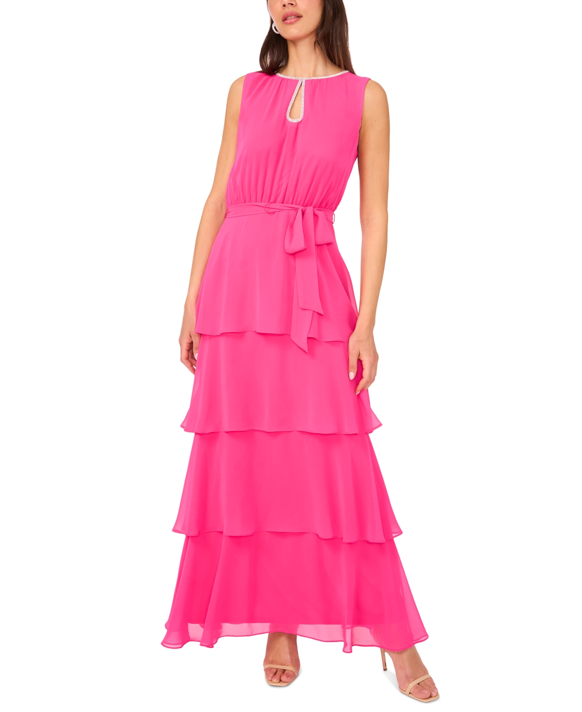 Msk Women's Keyhole-neck Sleeveless Tiered Chiffon Gown