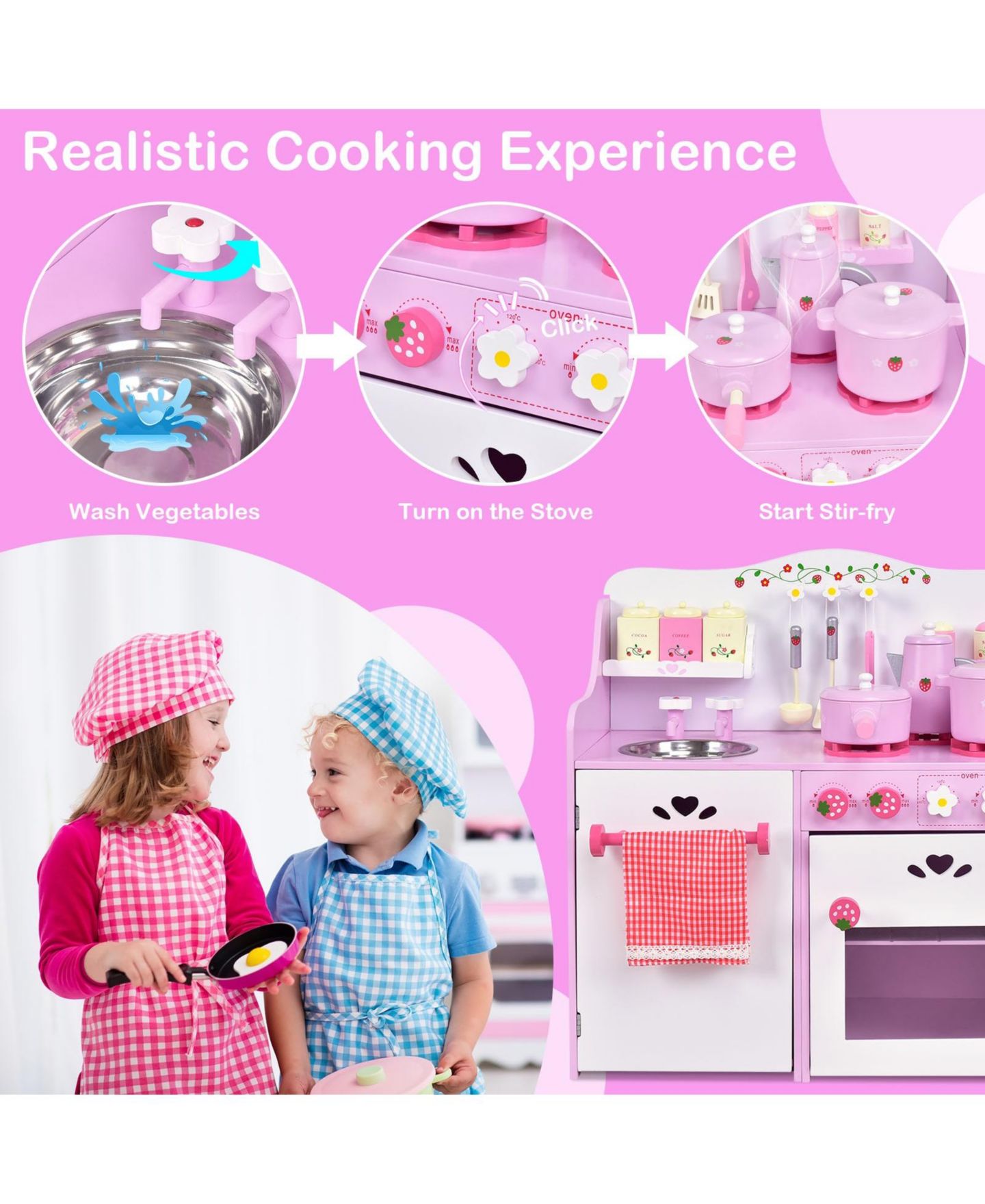 Детский игровой набор Mecale Strawberry Wooden Play Kitchen Playset, Ages 3+, цвет: Розовый — фото 4