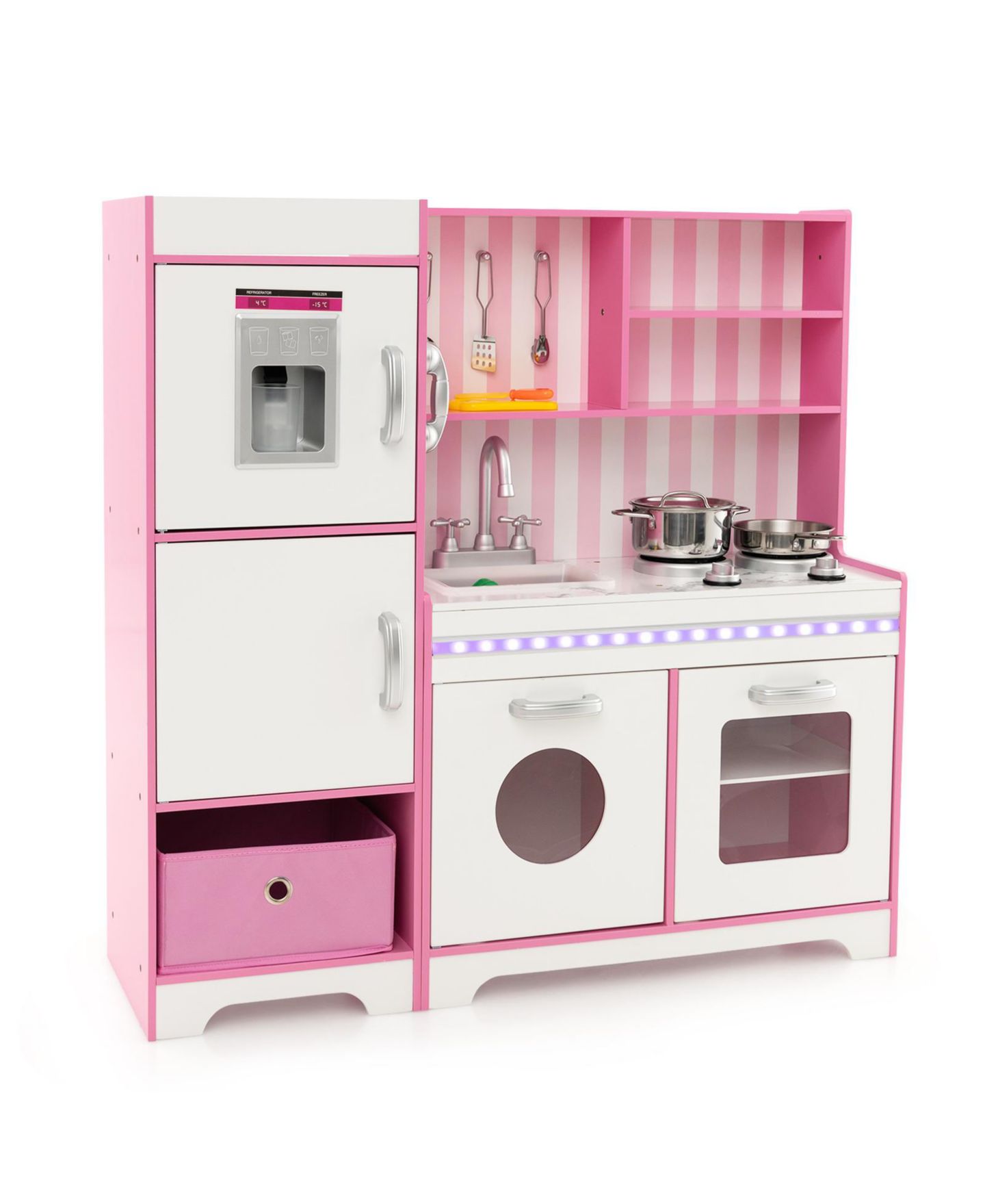 Детский игровой набор Mecale Adjustable LED Lights 16-Piece Wooden Kitchen Playset, Ages 3+, цвет: Розовый — фото 1