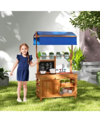 Wooden Pretend Play Kitchen with Height Adjustable Canopy for Kids