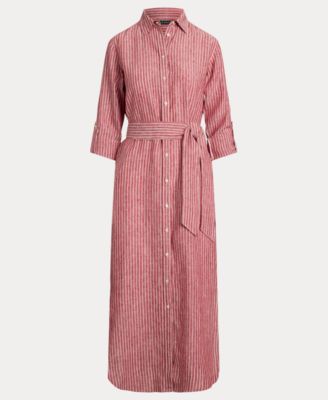 Women's Striped Linen Roll-Tab-Sleeve Shirtdress, 0P-22W
