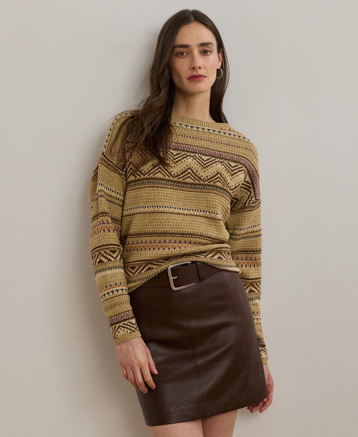 Women's Geo-Striped Cotton-Linen Sweater - Tan Multi