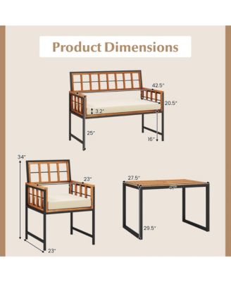 4 PCS Acacia Wood Patio Dining Set w/ 1 Rectangular Table 1 Loveseat & 2 Armchairs
