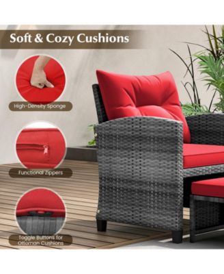 5 Piece Patio Rattan Furniture with 2 Ottomans and Tempered Glass Coffee Table-Red