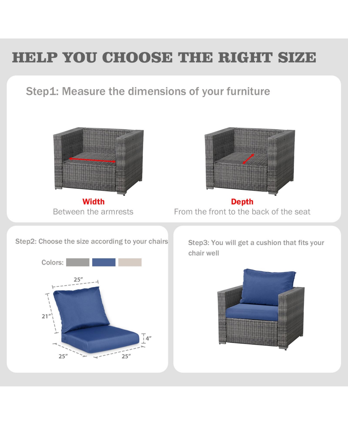 Aoodor Outdoor Chair Cushions Set of 2, 25"x25", Water Resistant Deep Seat with Handle & Adjustable Straps.