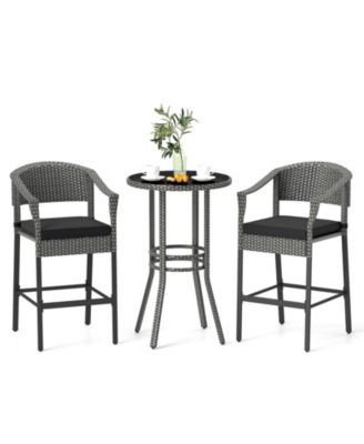 3-Piece Patio Rattan Bar Set with Tempered Glass Top for Backyard Poolside-Gray