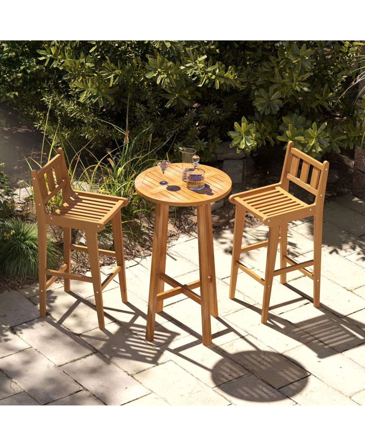 30 Inch Teak Wood Bar Chair with Footrest and Backrest for Deck Poolside Garden