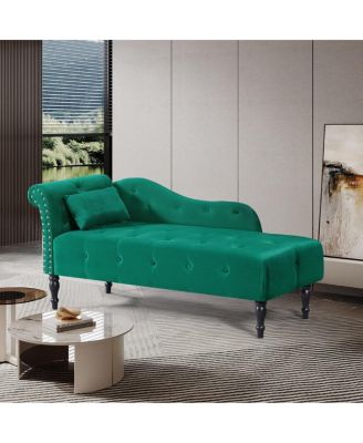 60 Inch Velvet Tufted Chaise Lounge with Nailhead Trim Solid Wood Legs and Pillow for Living Room Bedroom Reading or Relaxing