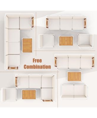 6 Pieces Acacia Wood Patio Furniture Set with Cushions and 2-Tier Coffee Table-White