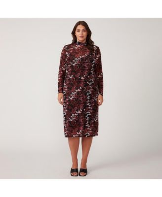 Plus Size Reflection Leaves Mesh Red Pink Black Floral High Neck Bodycon Midi Dress